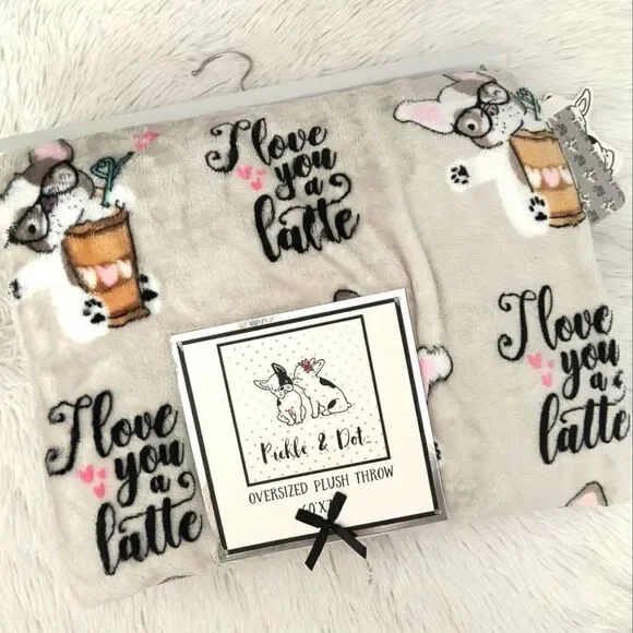 I Love You a Latte Frenchie Dog Oversized Plush Throw Blanket 60"x 70" - Picture 2 of 2